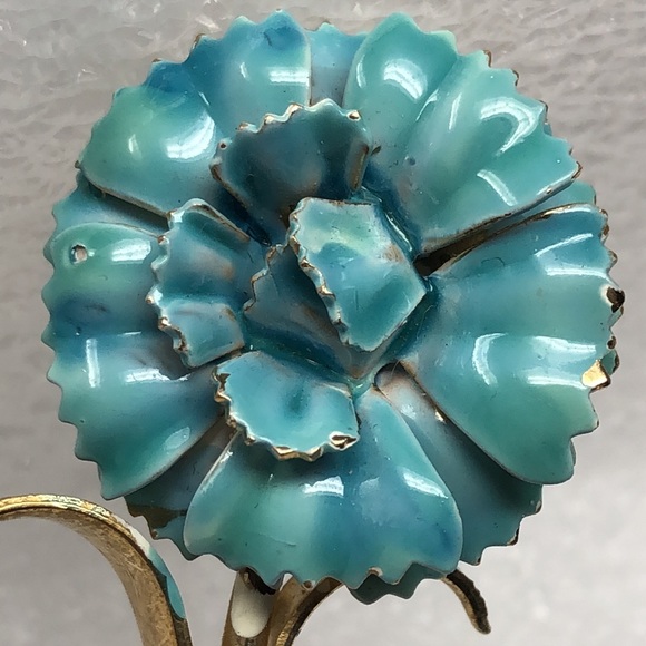 Vintage Brooch Blue & Gold Tone Carnation Flower - Picture 8 of 8